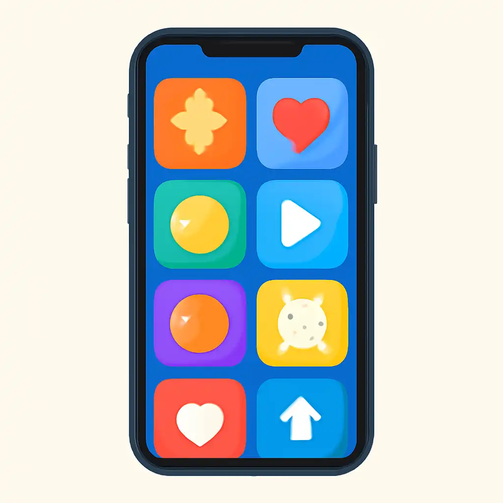 Smartphone shown from the front displaying a colourful flat layout of abstract game icons and rounded tiles (no text, no letters, no labels), TC Lottery